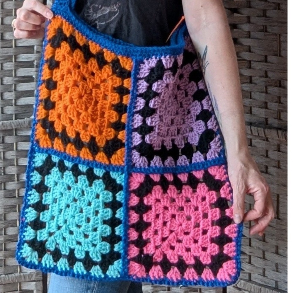Handmade Large Tote Bag Multicolor Granny Square Crochet Boho Hippie Festival